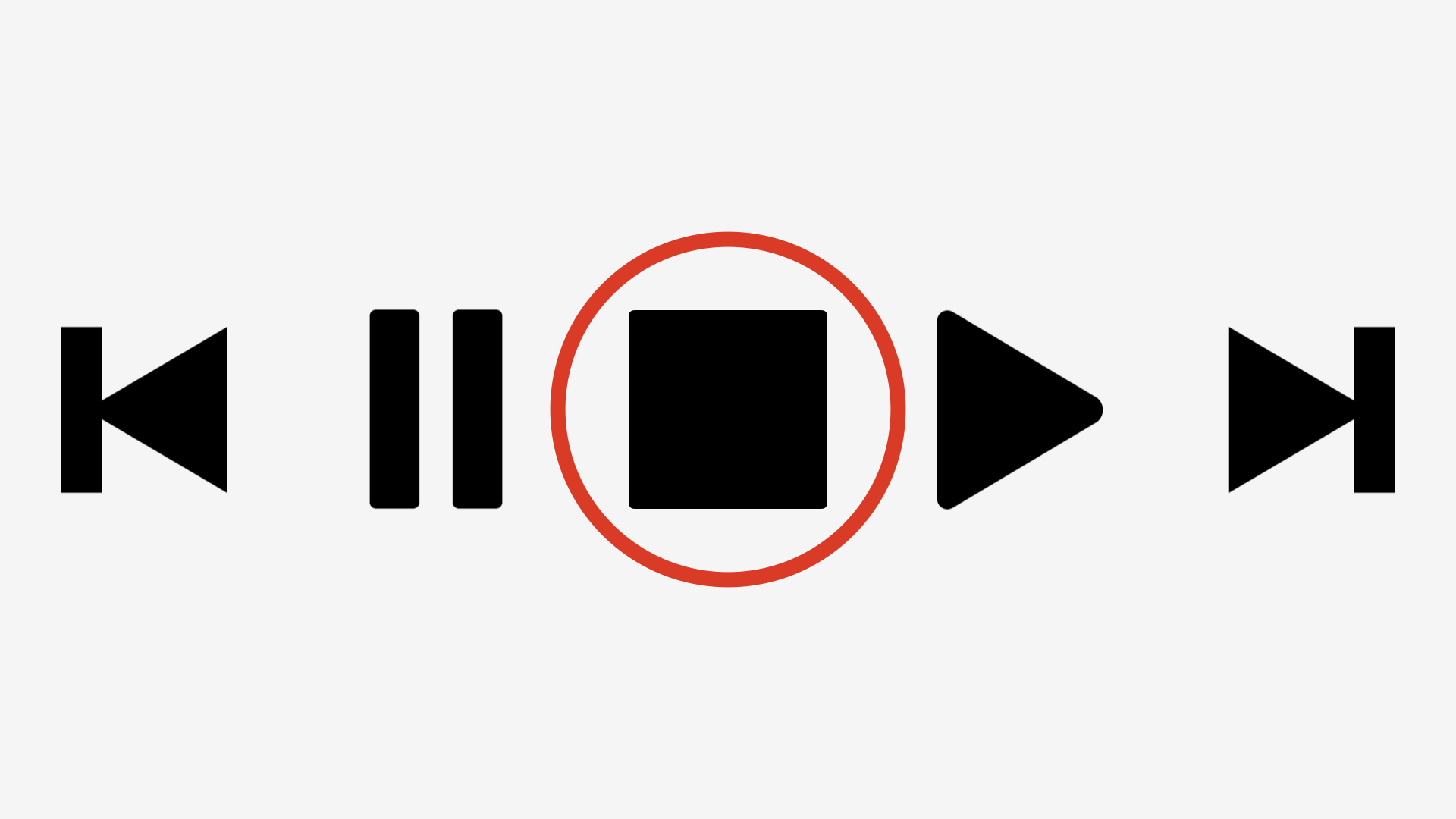 Conjunto de 5 ícones comumente utilizados em players de música e vídeo: voltar, pausar, stop, play e avançar.