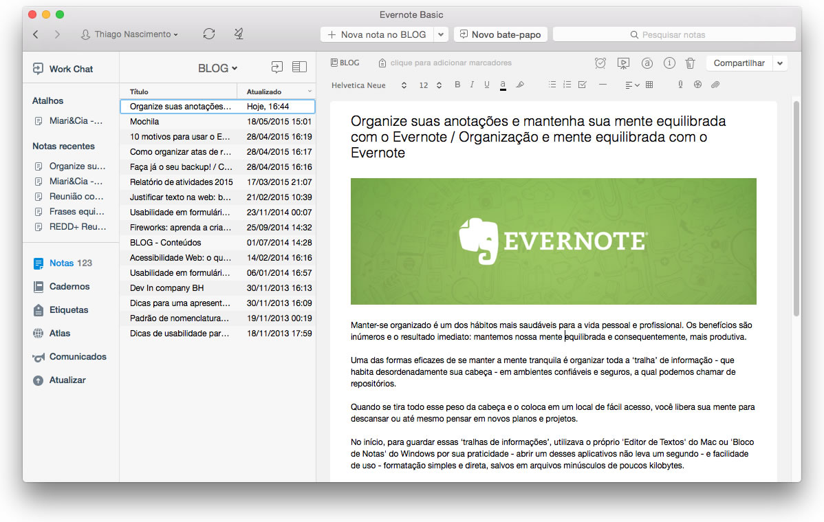 Screenshot do Evernote mostrando várias anotações