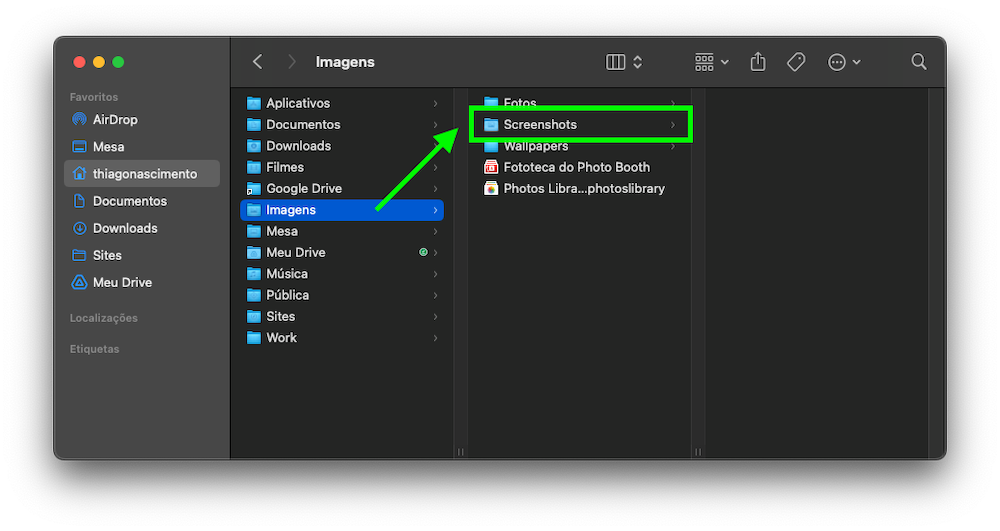 Print de tela mostrando o finder do macOS, percorrendo o caminho: usuário, imagens e então o diretório chamado Screenshots