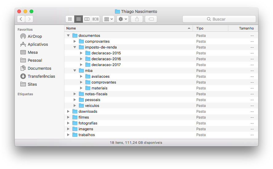 Finder (janela) do Mac mostrando a estrutura de pastas robusta e organizada