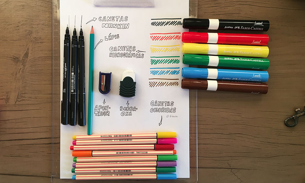 Canetas nankin, canetas coloridas, lápis, borracha, apontador, papel e prancheta sobre uma mesa