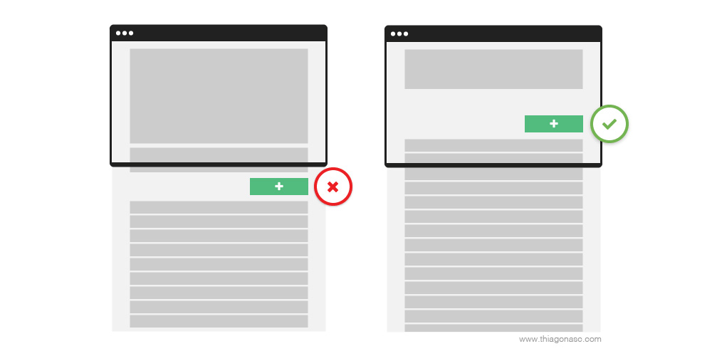 Exemplo de interface não recomendada, com a necessidade de rolar a página para acessar o botão cadastrar e exemplo de interface recomendada, onde o botão fica disponível sem rolar a página
