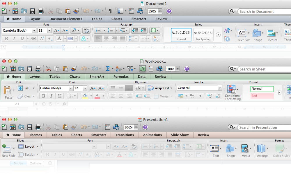 Barra de ferramentas do Microsoft Word, Excel e Powerpoint, um sobre o outro.